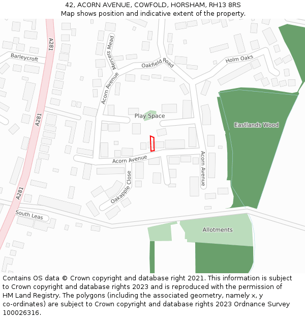 42, ACORN AVENUE, COWFOLD, HORSHAM, RH13 8RS: Location map and indicative extent of plot