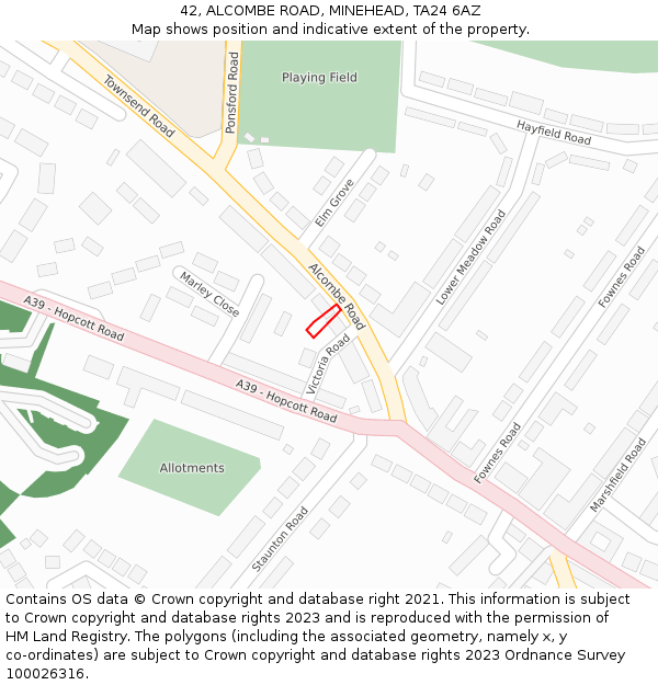 42, ALCOMBE ROAD, MINEHEAD, TA24 6AZ: Location map and indicative extent of plot