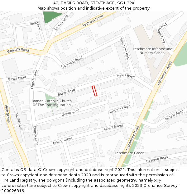 42, BASILS ROAD, STEVENAGE, SG1 3PX: Location map and indicative extent of plot