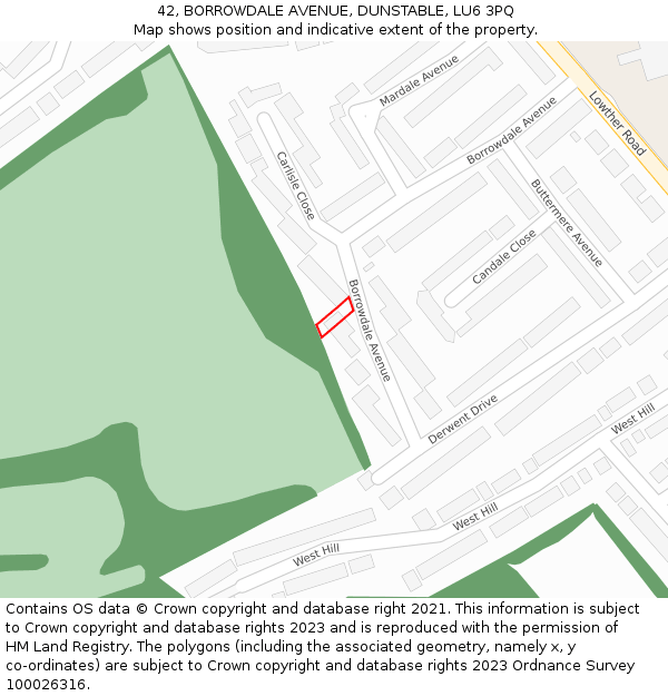 42, BORROWDALE AVENUE, DUNSTABLE, LU6 3PQ: Location map and indicative extent of plot