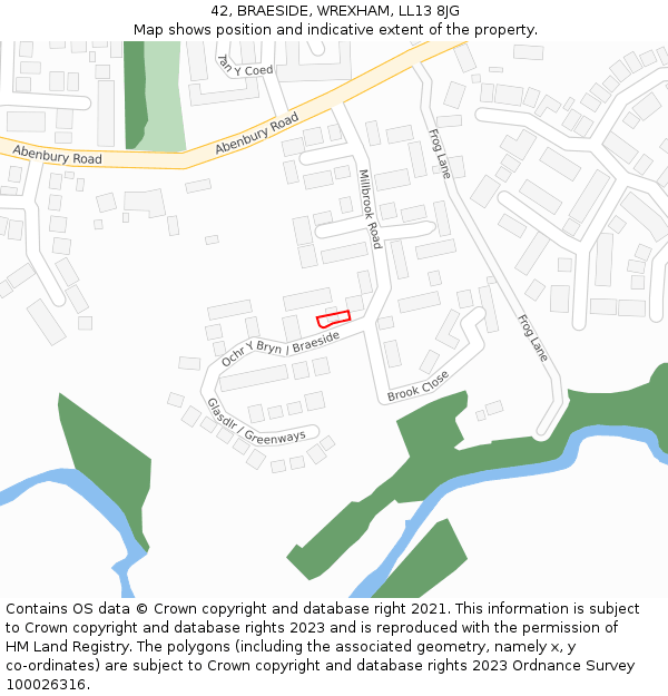 42, BRAESIDE, WREXHAM, LL13 8JG: Location map and indicative extent of plot