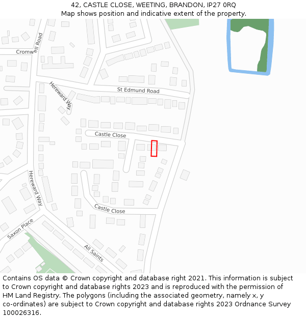 42, CASTLE CLOSE, WEETING, BRANDON, IP27 0RQ: Location map and indicative extent of plot