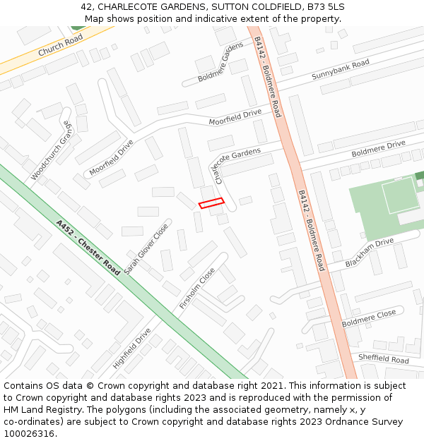 42, CHARLECOTE GARDENS, SUTTON COLDFIELD, B73 5LS: Location map and indicative extent of plot