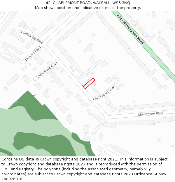 42, CHARLEMONT ROAD, WALSALL, WS5 3NQ: Location map and indicative extent of plot