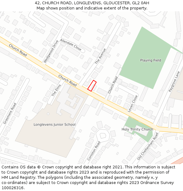 42, CHURCH ROAD, LONGLEVENS, GLOUCESTER, GL2 0AH: Location map and indicative extent of plot