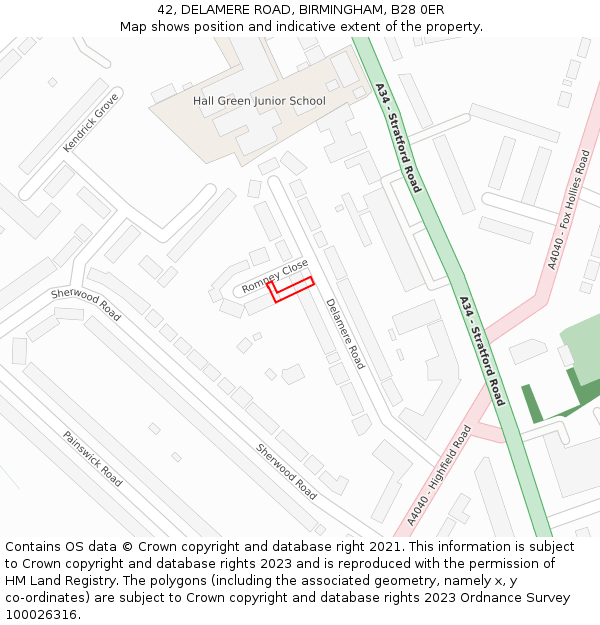 42, DELAMERE ROAD, BIRMINGHAM, B28 0ER: Location map and indicative extent of plot