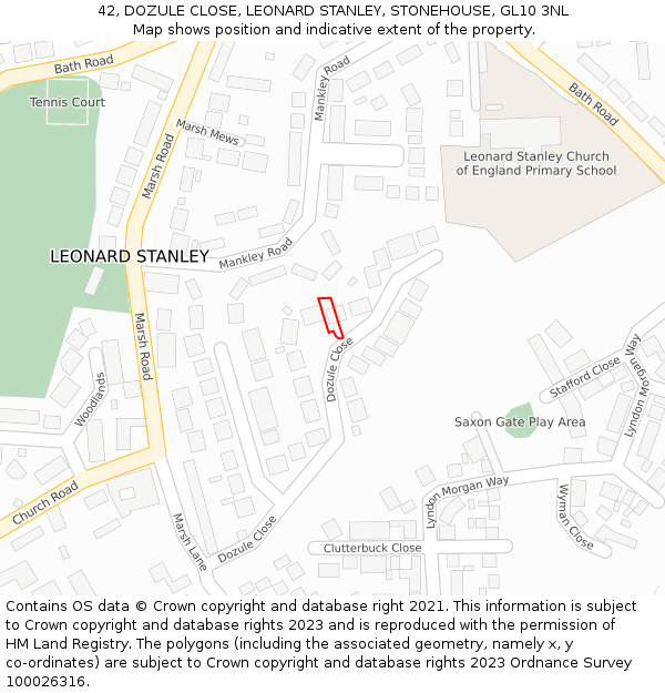 42, DOZULE CLOSE, LEONARD STANLEY, STONEHOUSE, GL10 3NL: Location map and indicative extent of plot