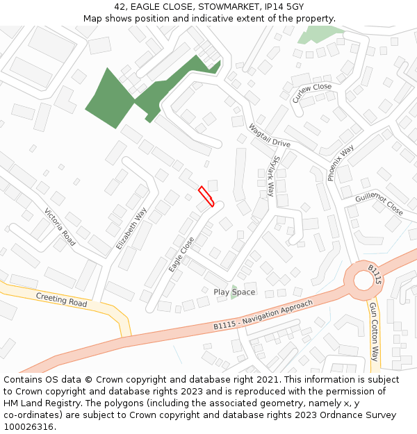 42, EAGLE CLOSE, STOWMARKET, IP14 5GY: Location map and indicative extent of plot