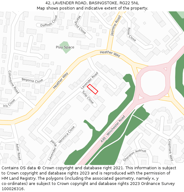 42, LAVENDER ROAD, BASINGSTOKE, RG22 5NL: Location map and indicative extent of plot