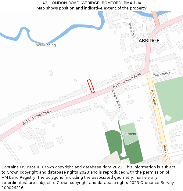 42, LONDON ROAD, ABRIDGE, ROMFORD, RM4 1UX: Location map and indicative extent of plot