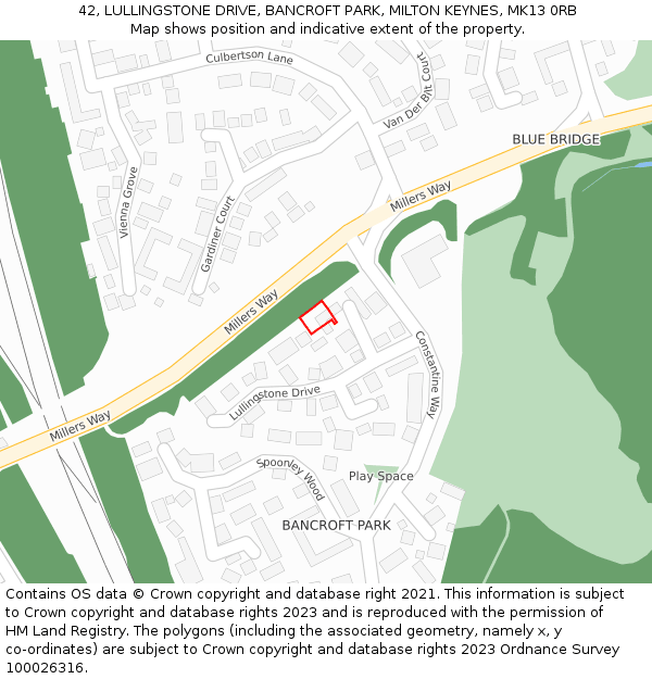 42, LULLINGSTONE DRIVE, BANCROFT PARK, MILTON KEYNES, MK13 0RB: Location map and indicative extent of plot