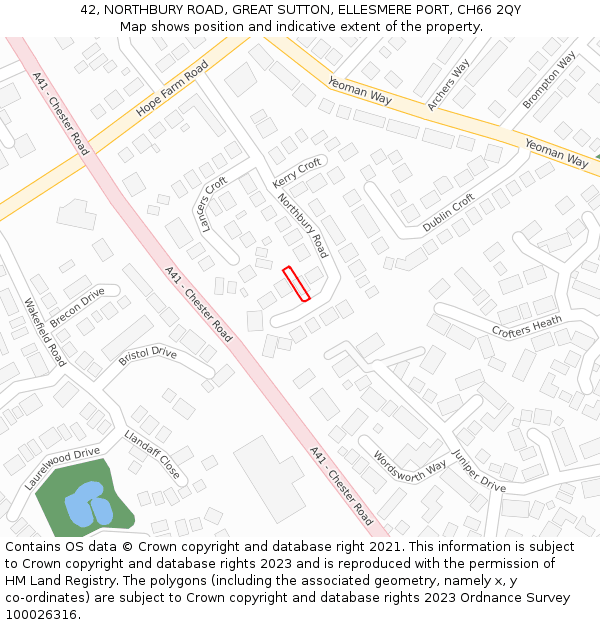 42, NORTHBURY ROAD, GREAT SUTTON, ELLESMERE PORT, CH66 2QY: Location map and indicative extent of plot