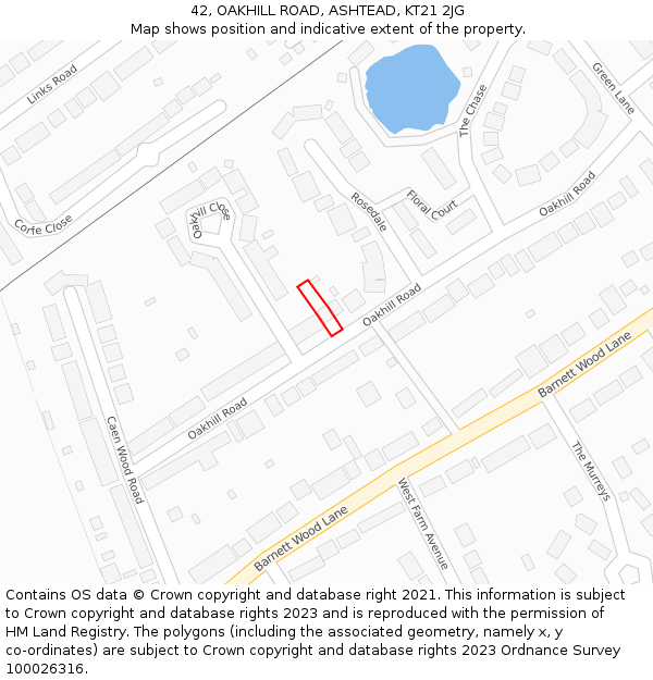 42, OAKHILL ROAD, ASHTEAD, KT21 2JG: Location map and indicative extent of plot
