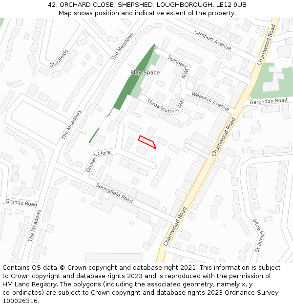 42, ORCHARD CLOSE, SHEPSHED, LOUGHBOROUGH, LE12 9UB: Location map and indicative extent of plot