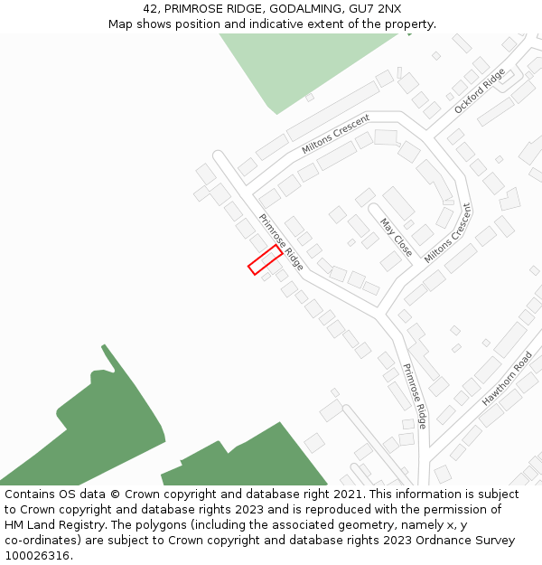 42, PRIMROSE RIDGE, GODALMING, GU7 2NX: Location map and indicative extent of plot