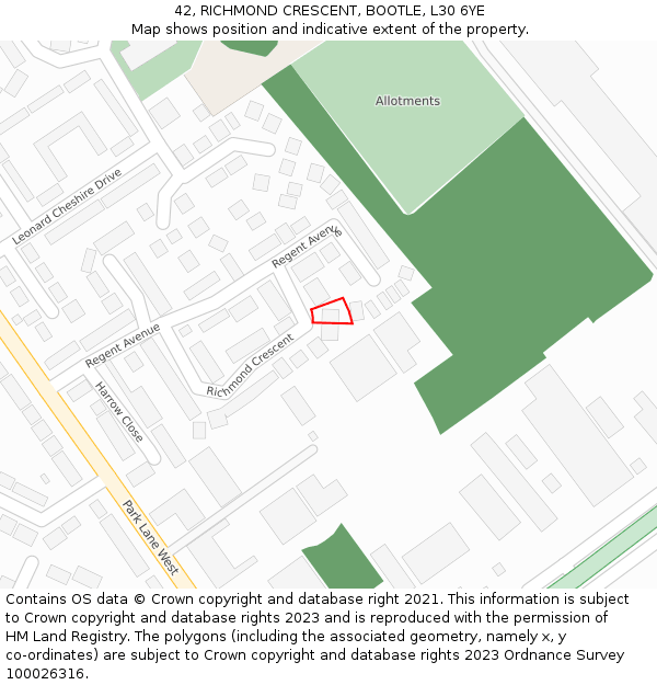 42, RICHMOND CRESCENT, BOOTLE, L30 6YE: Location map and indicative extent of plot