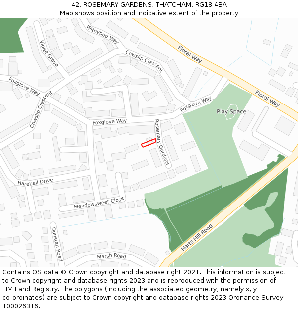 42, ROSEMARY GARDENS, THATCHAM, RG18 4BA: Location map and indicative extent of plot