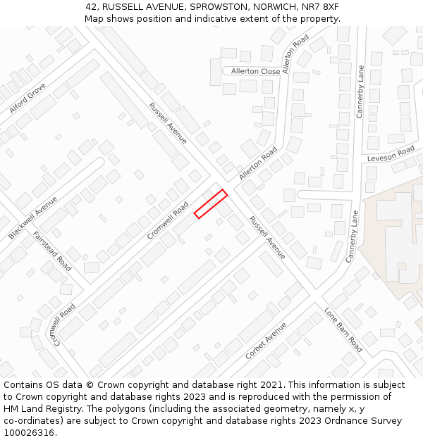 42, RUSSELL AVENUE, SPROWSTON, NORWICH, NR7 8XF: Location map and indicative extent of plot