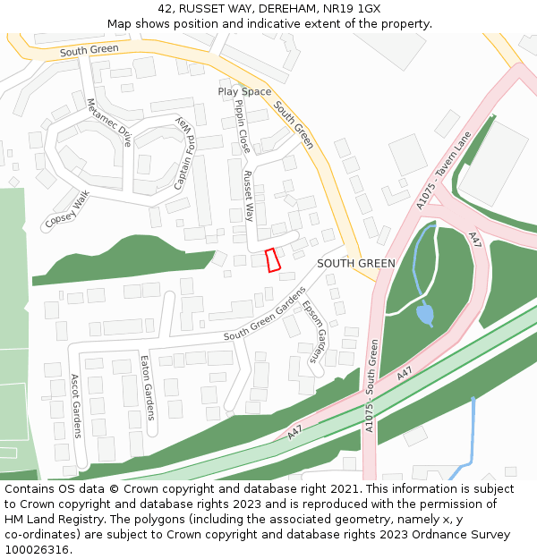 42, RUSSET WAY, DEREHAM, NR19 1GX: Location map and indicative extent of plot