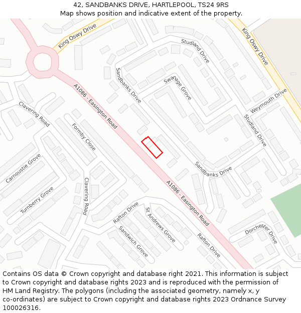 42, SANDBANKS DRIVE, HARTLEPOOL, TS24 9RS: Location map and indicative extent of plot