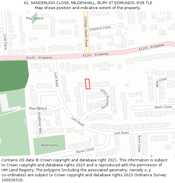 42, SANDERLING CLOSE, MILDENHALL, BURY ST EDMUNDS, IP28 7LE: Location map and indicative extent of plot