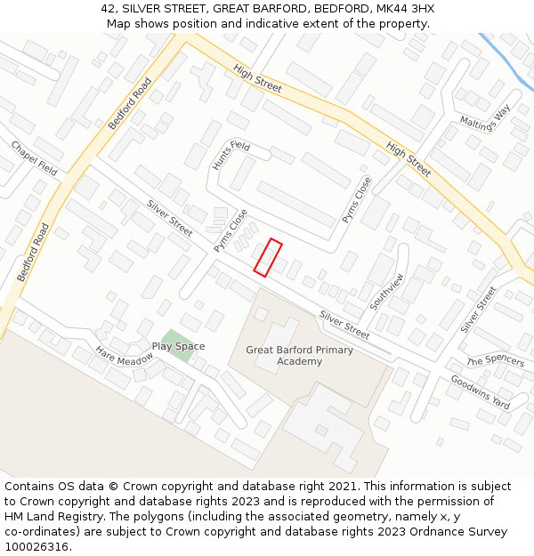 42, SILVER STREET, GREAT BARFORD, BEDFORD, MK44 3HX: Location map and indicative extent of plot