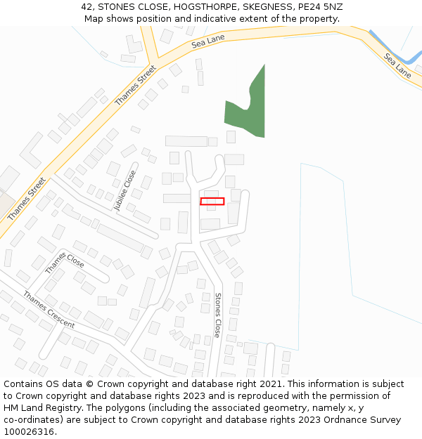 42, STONES CLOSE, HOGSTHORPE, SKEGNESS, PE24 5NZ: Location map and indicative extent of plot