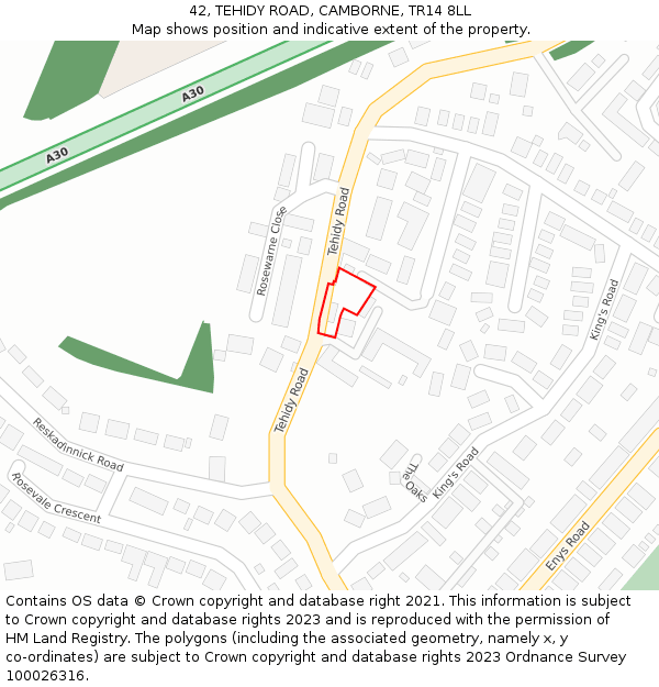 42, TEHIDY ROAD, CAMBORNE, TR14 8LL: Location map and indicative extent of plot