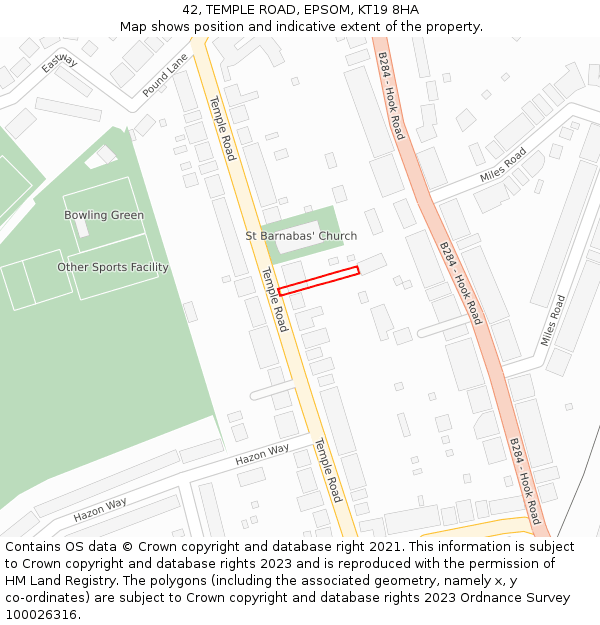 42, TEMPLE ROAD, EPSOM, KT19 8HA: Location map and indicative extent of plot