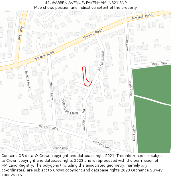 42, WARREN AVENUE, FAKENHAM, NR21 8NP: Location map and indicative extent of plot