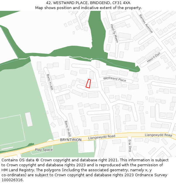 42, WESTWARD PLACE, BRIDGEND, CF31 4XA: Location map and indicative extent of plot