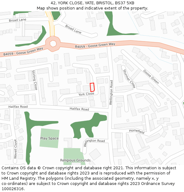 42, YORK CLOSE, YATE, BRISTOL, BS37 5XB: Location map and indicative extent of plot