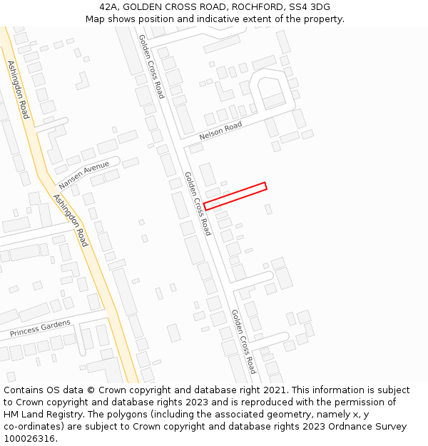 42A, GOLDEN CROSS ROAD, ROCHFORD, SS4 3DG: Location map and indicative extent of plot