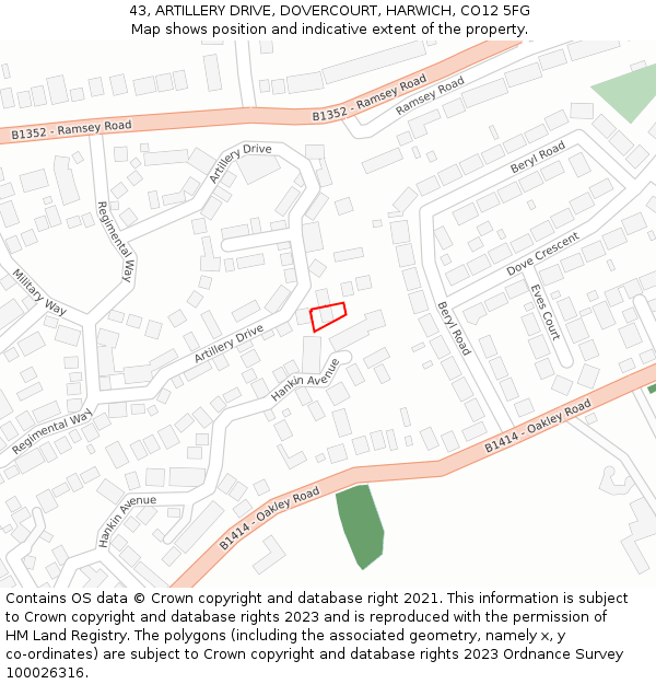 43, ARTILLERY DRIVE, DOVERCOURT, HARWICH, CO12 5FG: Location map and indicative extent of plot