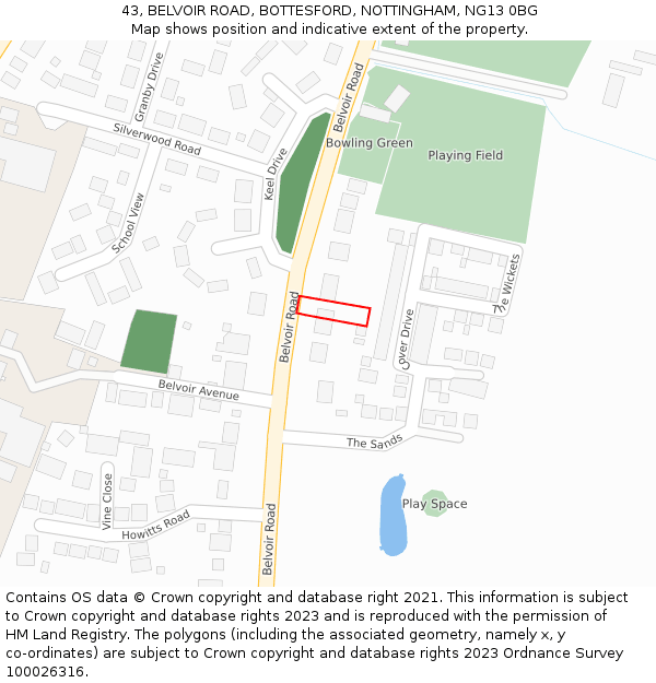 43, BELVOIR ROAD, BOTTESFORD, NOTTINGHAM, NG13 0BG: Location map and indicative extent of plot
