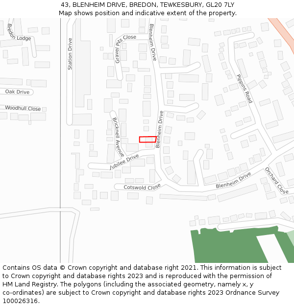 43, BLENHEIM DRIVE, BREDON, TEWKESBURY, GL20 7LY: Location map and indicative extent of plot