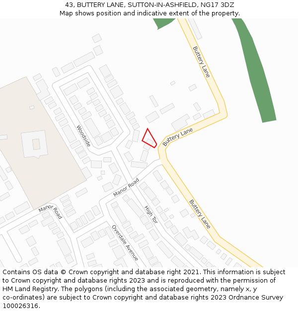 43, BUTTERY LANE, SUTTON-IN-ASHFIELD, NG17 3DZ: Location map and indicative extent of plot