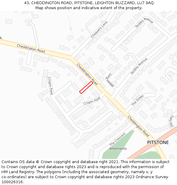 43, CHEDDINGTON ROAD, PITSTONE, LEIGHTON BUZZARD, LU7 9AQ: Location map and indicative extent of plot