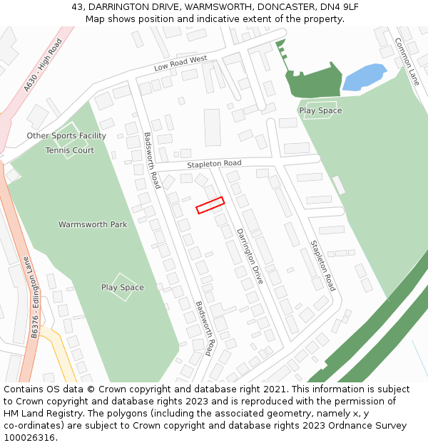 43, DARRINGTON DRIVE, WARMSWORTH, DONCASTER, DN4 9LF: Location map and indicative extent of plot