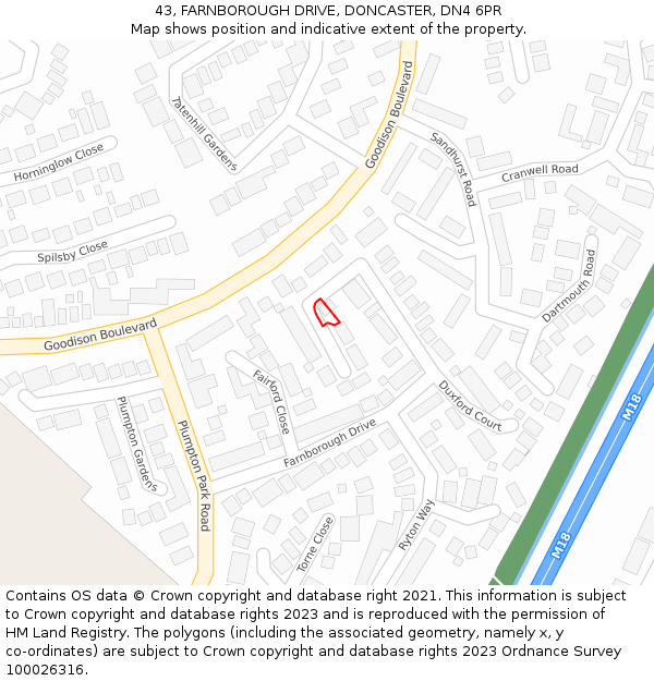 43, FARNBOROUGH DRIVE, DONCASTER, DN4 6PR: Location map and indicative extent of plot