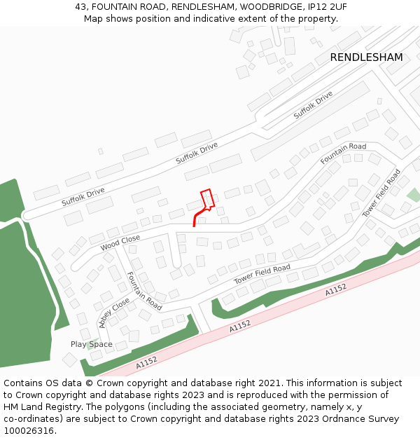 43, FOUNTAIN ROAD, RENDLESHAM, WOODBRIDGE, IP12 2UF: Location map and indicative extent of plot