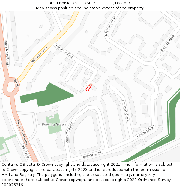 43, FRANKTON CLOSE, SOLIHULL, B92 8LX: Location map and indicative extent of plot