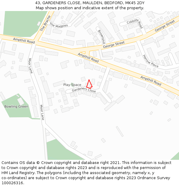 43, GARDENERS CLOSE, MAULDEN, BEDFORD, MK45 2DY: Location map and indicative extent of plot