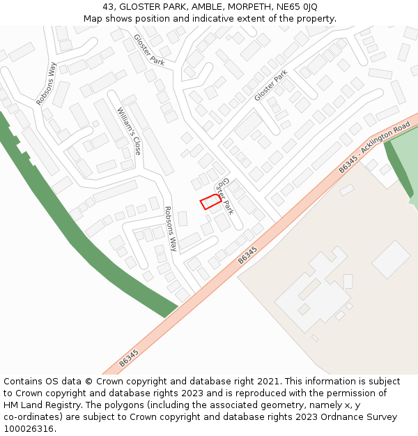 43, GLOSTER PARK, AMBLE, MORPETH, NE65 0JQ: Location map and indicative extent of plot