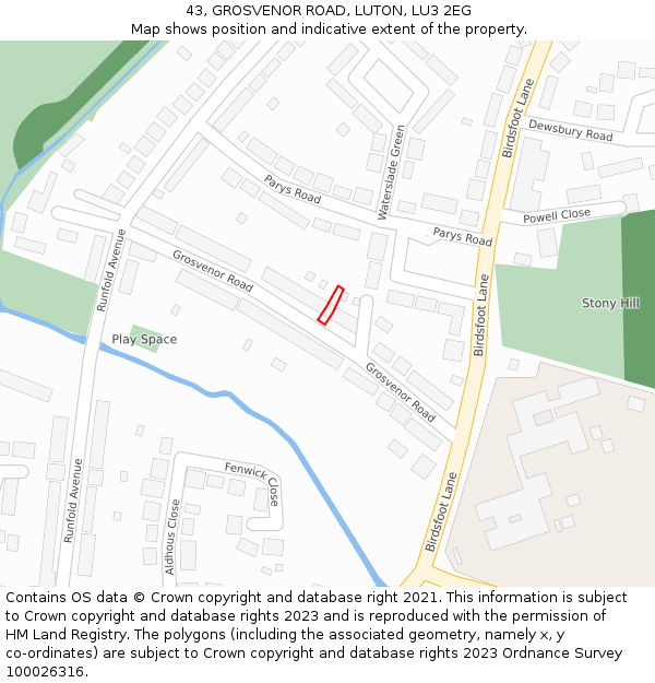 43, GROSVENOR ROAD, LUTON, LU3 2EG: Location map and indicative extent of plot