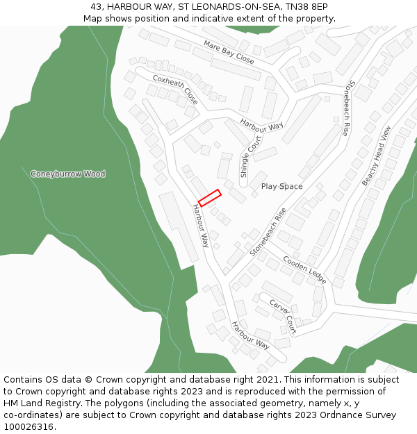 43, HARBOUR WAY, ST LEONARDS-ON-SEA, TN38 8EP: Location map and indicative extent of plot