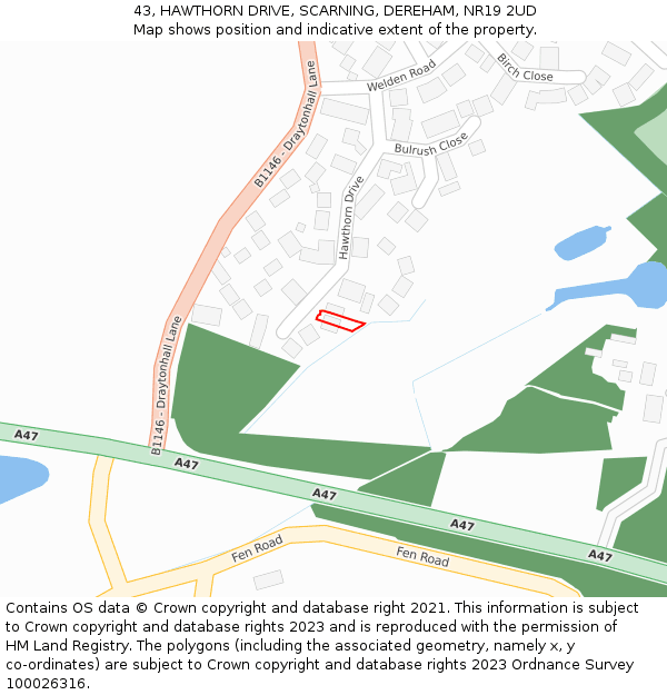 43, HAWTHORN DRIVE, SCARNING, DEREHAM, NR19 2UD: Location map and indicative extent of plot