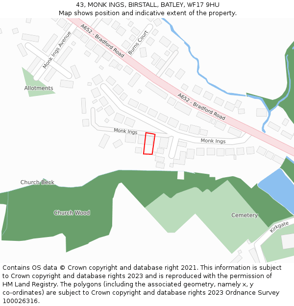 43, MONK INGS, BIRSTALL, BATLEY, WF17 9HU: Location map and indicative extent of plot