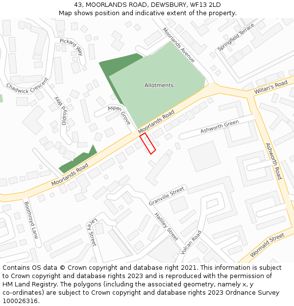 43, MOORLANDS ROAD, DEWSBURY, WF13 2LD: Location map and indicative extent of plot