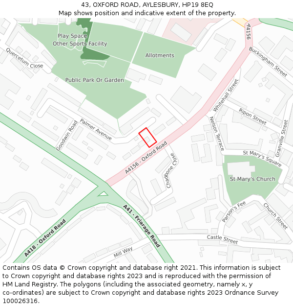 43, OXFORD ROAD, AYLESBURY, HP19 8EQ: Location map and indicative extent of plot